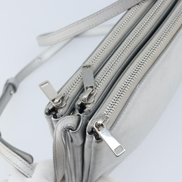 CELINE Shoulder Bag Leather Silver Auth BA11569