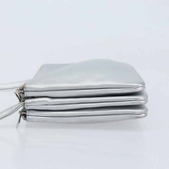 CELINE Shoulder Bag Leather Silver Auth BA11569