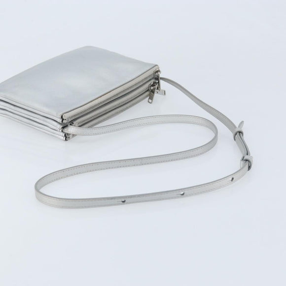 CELINE Shoulder Bag Leather Silver Auth BA11569