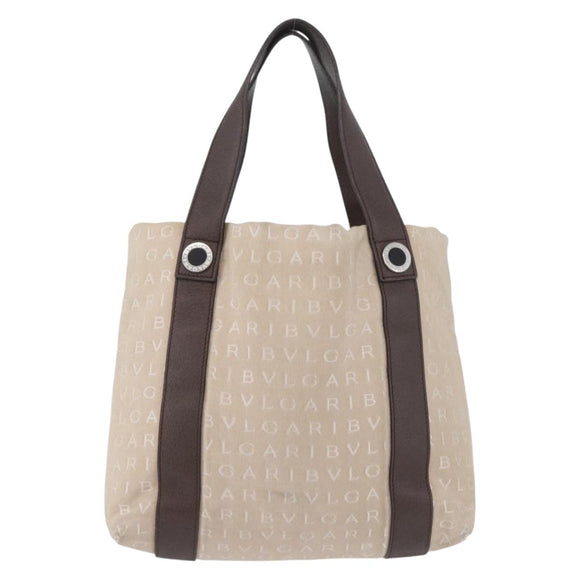 BVLGARI Tote Bag Canvas Beige Silver Auth BA11649