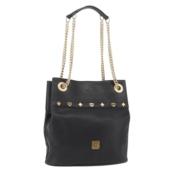 MCM Chain Shoulder Bag Leather Black Gold Auth BA11650