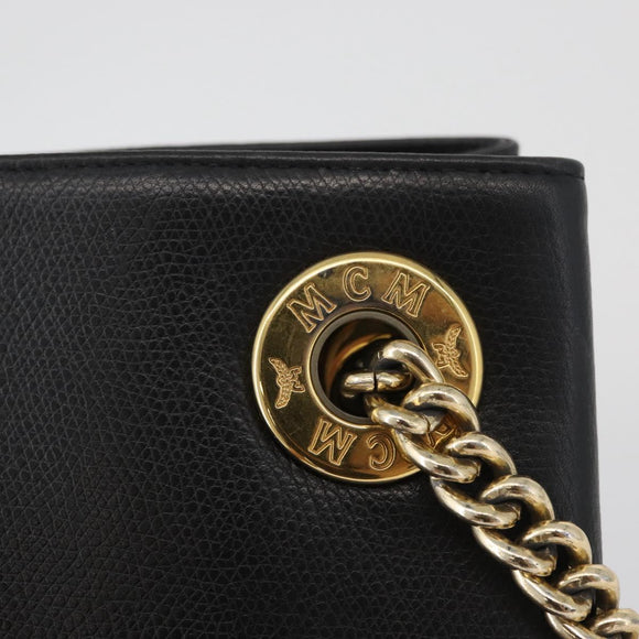 MCM Chain Shoulder Bag Leather Black Gold Auth BA11650