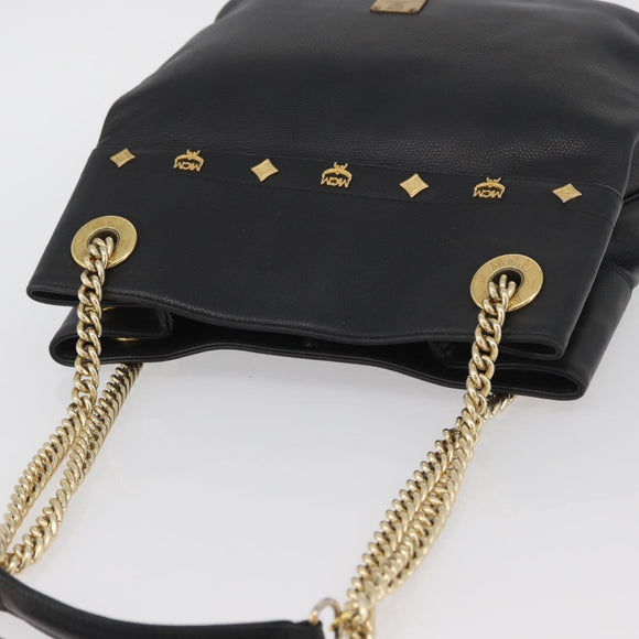 MCM Chain Shoulder Bag Leather Black Gold Auth BA11650