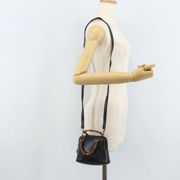 GUCCI Bamboo Hand Bag Leather 2way Black Gold 007 2865 0231 Auth BA11694