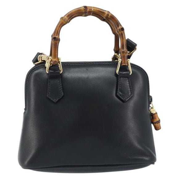 GUCCI Bamboo Hand Bag Leather 2way Black Gold 007 2865 0231 Auth BA11694