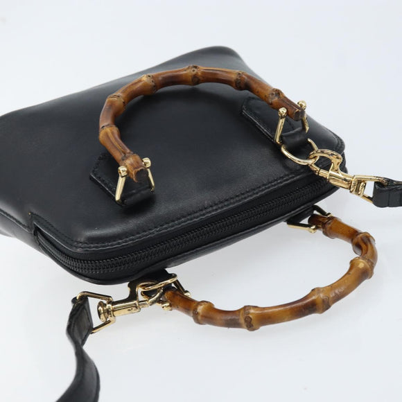 GUCCI Bamboo Hand Bag Leather 2way Black Gold 007 2865 0231 Auth BA11694