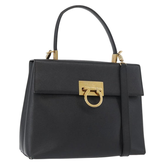 Salvatore Ferragamo Gancini Hand Bag Leather 2way Black Gold Auth BA11707