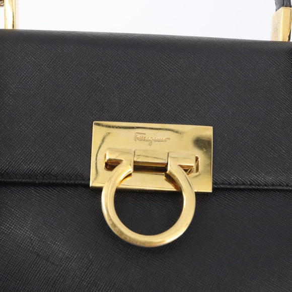 Salvatore Ferragamo Gancini Hand Bag Leather 2way Black Gold Auth BA11707