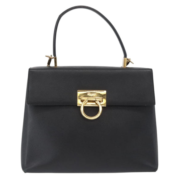Salvatore Ferragamo Gancini Hand Bag Leather 2way Black Gold Auth BA11707