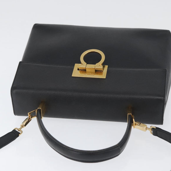 Salvatore Ferragamo Gancini Hand Bag Leather 2way Black Gold Auth BA11707
