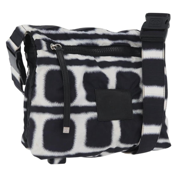 CHANEL Shoulder Bag Nylon Black White Silver CC Auth BA11713A