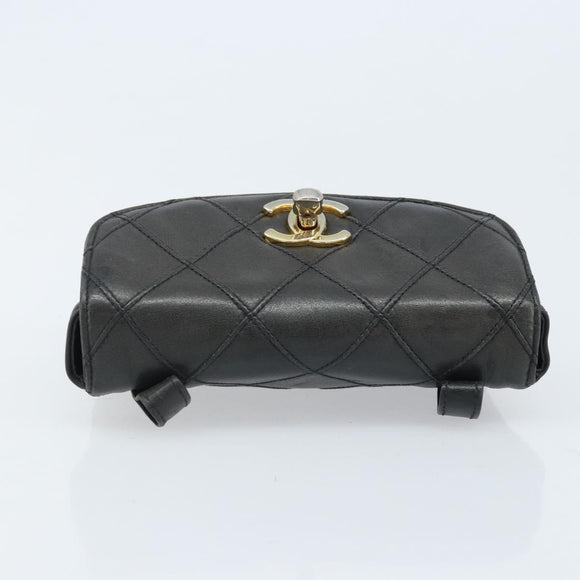 CHANEL Bicolore Belt Bag Lamb Skin Black Gold CC Auth BA11734A
