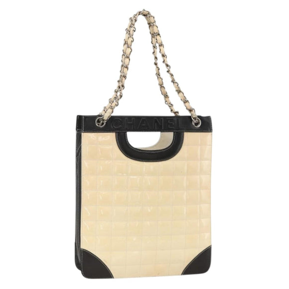 CHANEL Choco Bar Chain Shoulder Bag Patent Leather Beige Silver CC Auth BA11764A