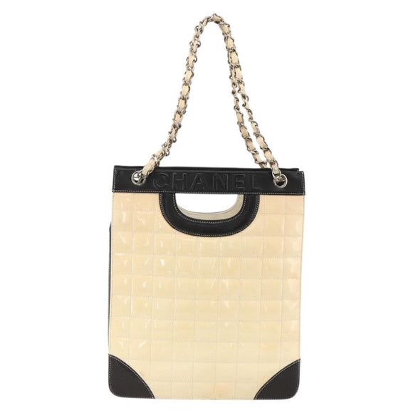 CHANEL Choco Bar Chain Shoulder Bag Patent Leather Beige Silver CC Auth BA11764A
