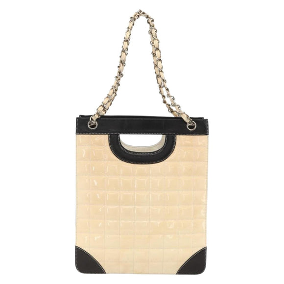 CHANEL Choco Bar Chain Shoulder Bag Patent Leather Beige Silver CC Auth BA11764A