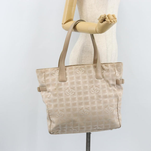 CHANEL New Travel Line Tote Bag Nylon Beige Gold CC Auth BA11779
