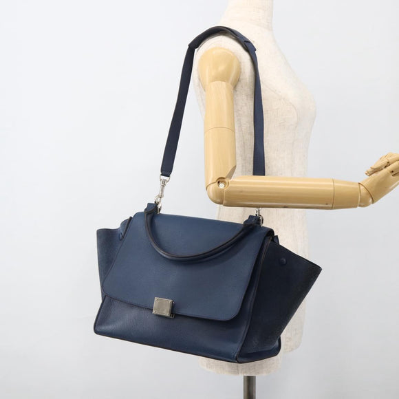 CELINE Trapeze Hand Bag Leather 2way Blue Silver Auth BA11785A