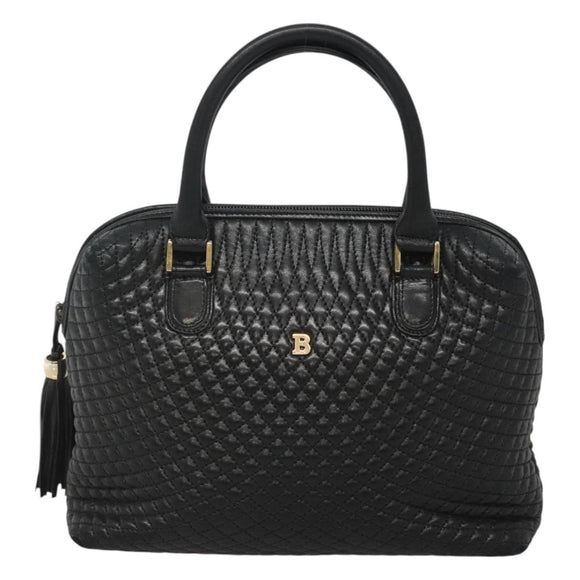 BALLY Quilted Hand Bag Leather Black Gold Auth BA1181