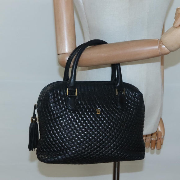 BALLY Quilted Hand Bag Leather Black Gold Auth BA1181