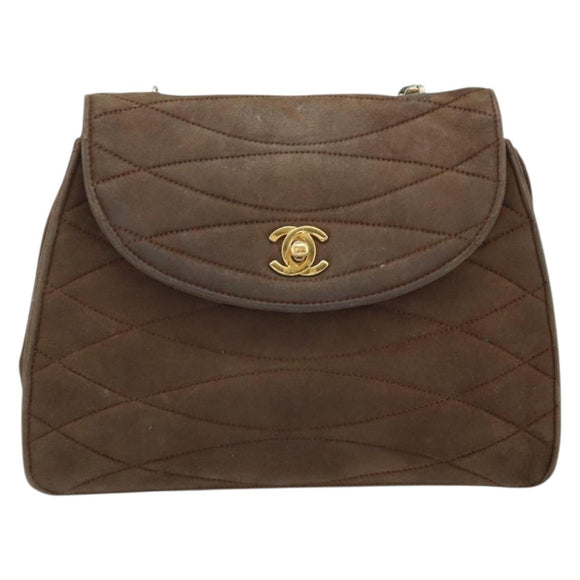 CHANEL Chain Shoulder Bag Suede Brown Gold CC Auth BA11810