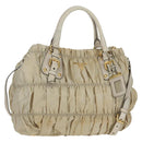 PRADA Gathered Hand Bag Nylon 2way Beige Gold Auth BA11812A-1