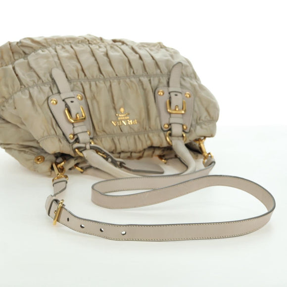 PRADA Gathered Hand Bag Nylon 2way Beige Gold Auth BA11812A