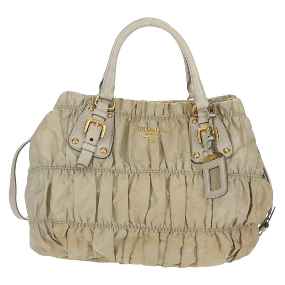 PRADA Gathered Hand Bag Nylon 2way Beige Gold Auth BA11812A