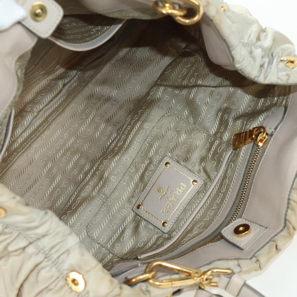 PRADA Gathered Hand Bag Nylon 2way Beige Gold Auth BA11812A