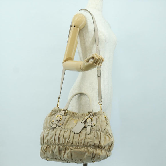 PRADA Gathered Hand Bag Nylon 2way Beige Gold Auth BA11812A