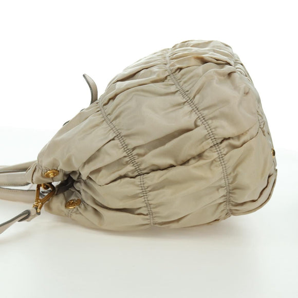 PRADA Gathered Hand Bag Nylon 2way Beige Gold Auth BA11812A