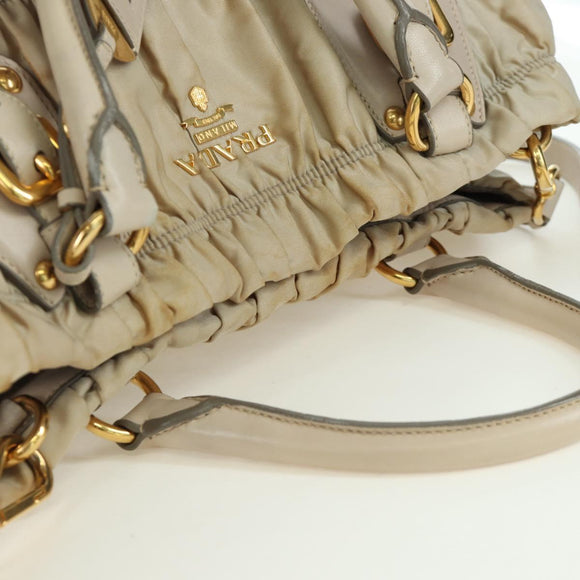 PRADA Gathered Hand Bag Nylon 2way Beige Gold Auth BA11812A