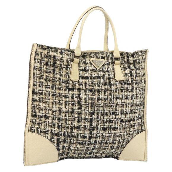 PRADA Hand Bag Tweed Beige Silver Auth BA11824A