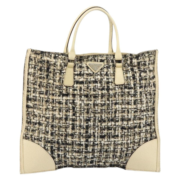 PRADA Hand Bag Tweed Beige Silver Auth BA11824A