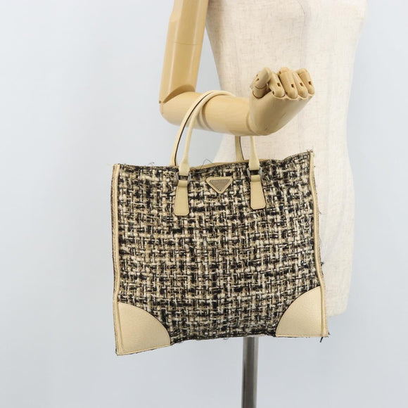 PRADA Hand Bag Tweed Beige Silver Auth BA11824A