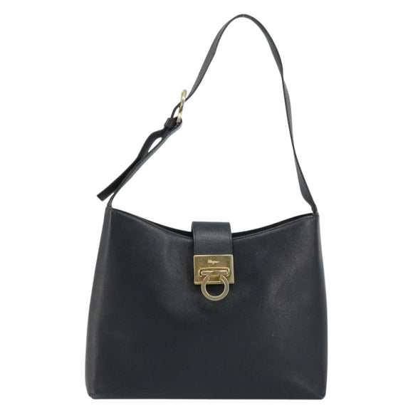 Salvatore Ferragamo Gancini Shoulder Bag Leather Black Gold Auth BA11825