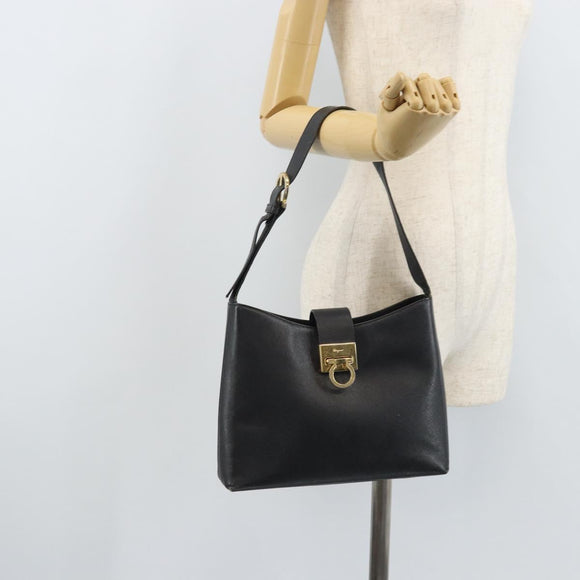 Salvatore Ferragamo Gancini Shoulder Bag Leather Black Gold Auth BA11825
