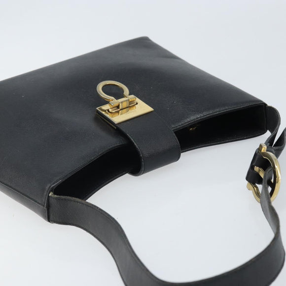 Salvatore Ferragamo Gancini Shoulder Bag Leather Black Gold Auth BA11825