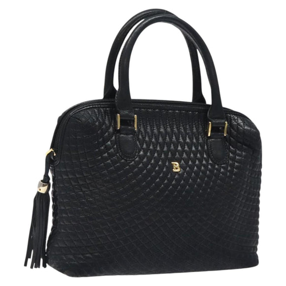 BALLY Quilted Hand Bag Leather Black Gold Auth BA1183