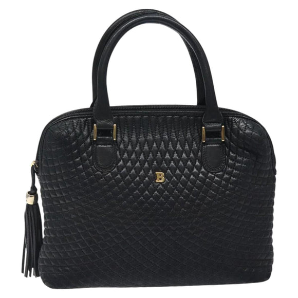 BALLY Quilted Hand Bag Leather Black Gold Auth BA1183