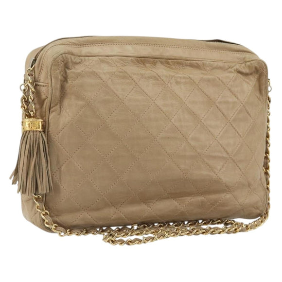 CHANEL Matelasse Chain Shoulder Bag Lamb Skin Beige Gold CC Auth BA11860