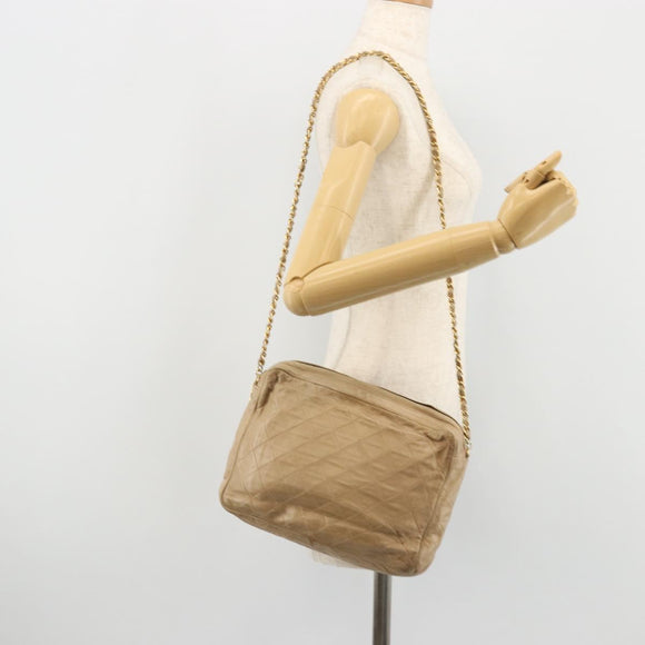 CHANEL Matelasse Chain Shoulder Bag Lamb Skin Beige Gold CC Auth BA11860