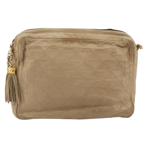 CHANEL Matelasse Chain Shoulder Bag Lamb Skin Beige Gold CC Auth BA11860