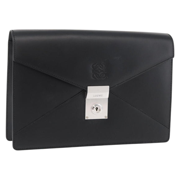 LOEWE Anagram Clutch Bag Leather Black Silver Auth BA11869