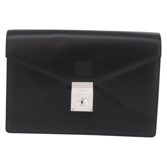 LOEWE Anagram Clutch Bag Leather Black Silver Auth BA11869