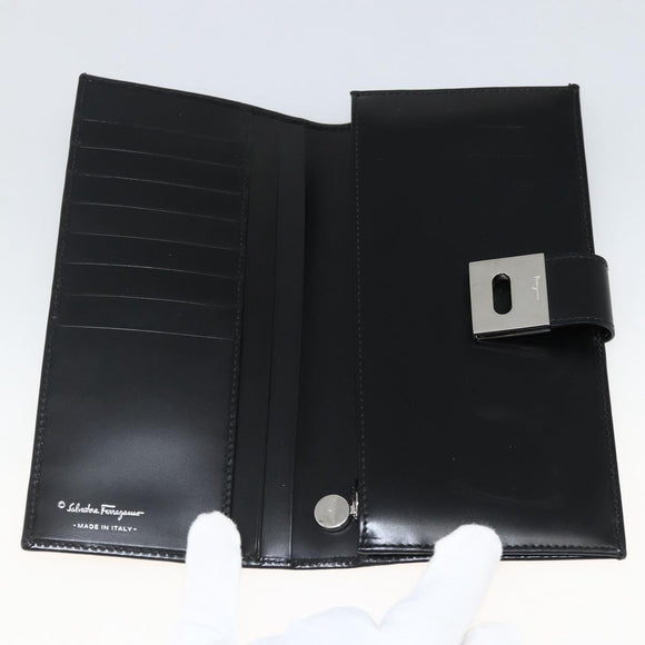 Salvatore Ferragamo Gancini Long Wallet Leather Black Silver Auth BA11875A