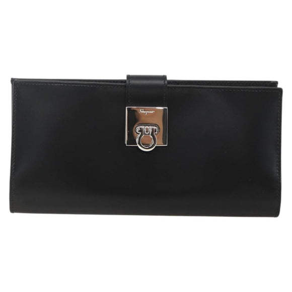 Salvatore Ferragamo Gancini Long Wallet Leather Black Silver Auth BA11875A