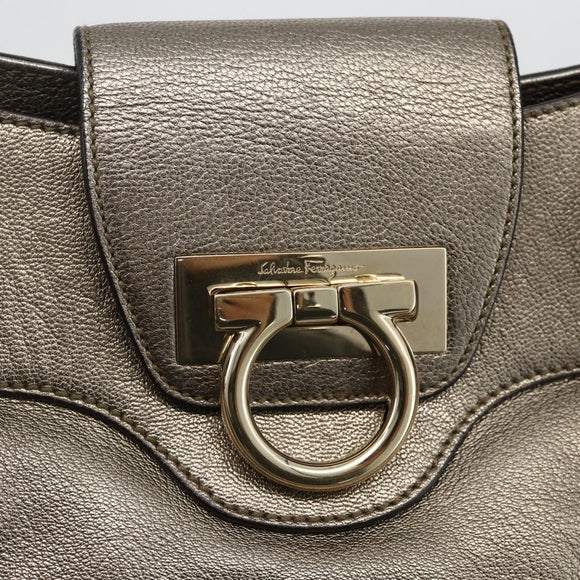 Salvatore Ferragamo Gancini Hand Bag Leather Gold Silver Auth BA11899