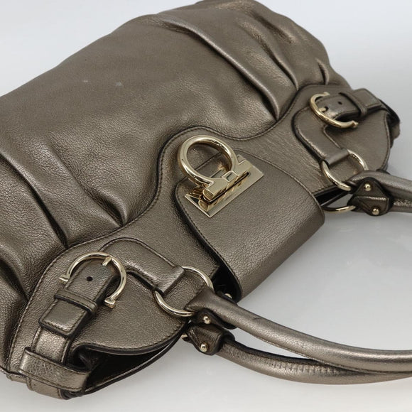Salvatore Ferragamo Gancini Hand Bag Leather Gold Silver Auth BA11899