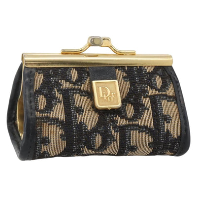 Christian Dior Trotter Canvas Coin Purse Navy Gold Auth BA11901