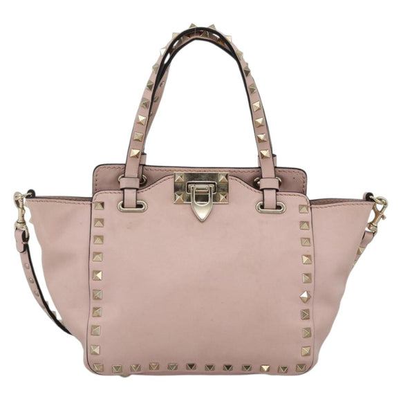 VALENTINO Rock Studs Hand Bag Leather 2way Pink Gold Auth BA11911A